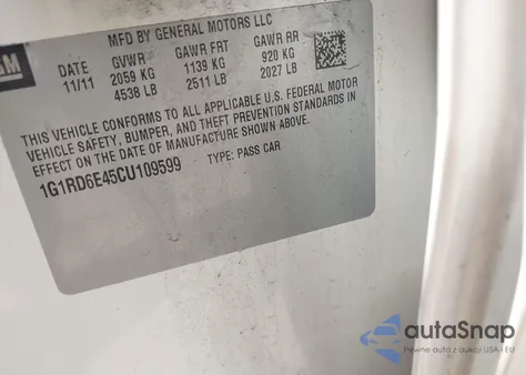 2012 Chevrolet Volt from USA, damaged, VIN 1G1RD6E45CU109599